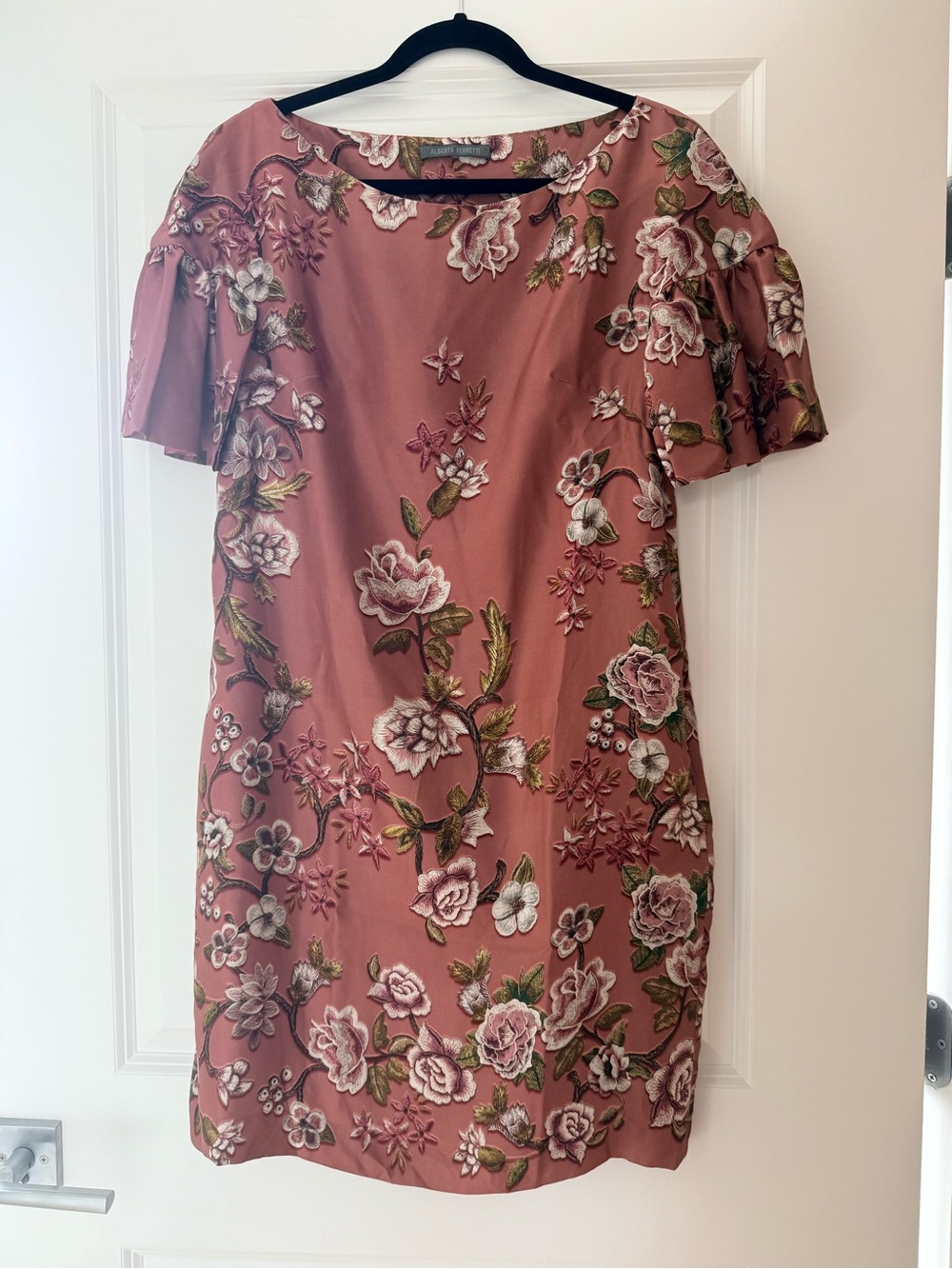 Alberta Ferretti Dusty Rose Floral Embroidered Mini Dress